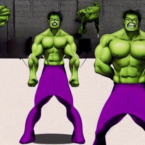 Prompt: hyper - realistic scrawny hulk with baggy pants and a pink mohawk