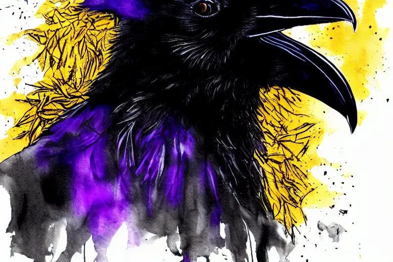 Image similar to beautiful serene smart raven, healing through motion, minimalistic golden and purple ink airbrush painting on white background