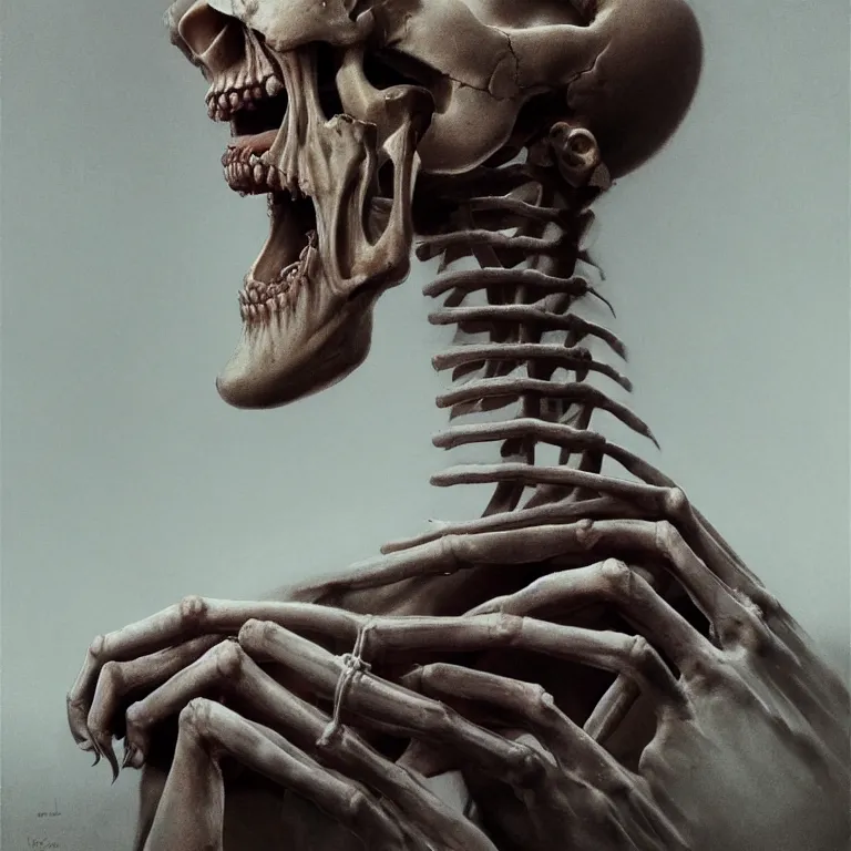 Image similar to a half skeleton half human woman holding a veiny, carrion, fleshy creature above her mouth, leaning as she's ready to devour it, illustrated by zdzisław beksinski, side portrait imagery, foreboding atmosphere, portrait image, blurred background, cgsociety, artstation, artstation hd, artstation hq, 4 k, 8 k