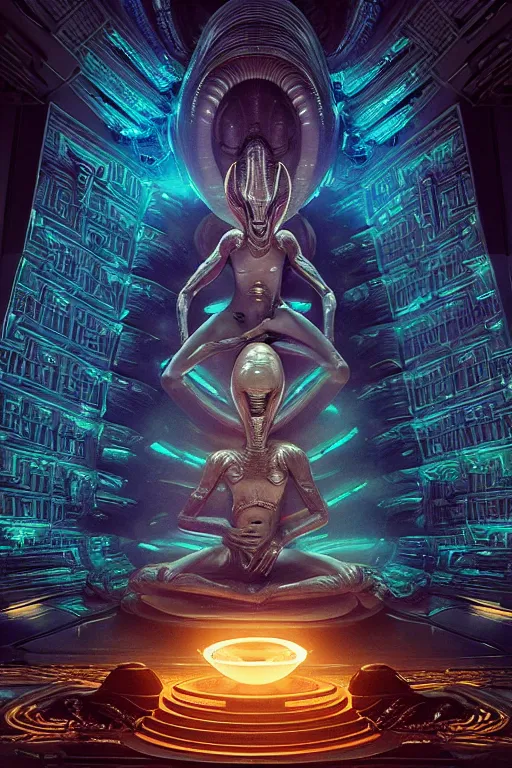 Image similar to cinematic masterpiece polaroid of glistening opalescent elegant queen empress xenomorph alien goddess meditating lotus position, inside ominous glowing alien temple shrine incubator. in the style of aliens, by denis villeneuve, weta workshop, james cameron, h. r. giger, beautiful octane render, extremely intricate, golden spiral composition, dramatic atmosphere, matte painting