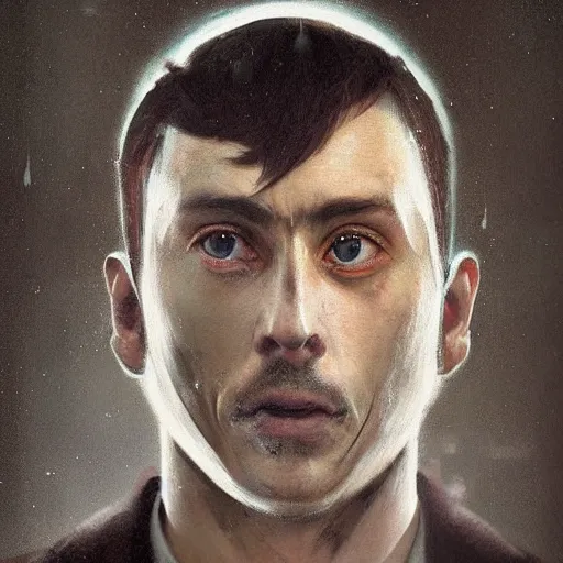 Image similar to surreal portrait of a man by Greg Rutkowski, symmetrical face, he is about 30 years old, short black hair with bangs, his features are a mix between French, Turkish and Russian, transformed into a kind of biomechanical transhuman god, blue glowing eyes, uncany but fascinating, expression of epiphany and determination, cosmic void background, frightening, fascinating, highly detailed portrait, digital painting, book cover, artstation, concept art, smooth, sharp foccus ilustration, Artstation HQ