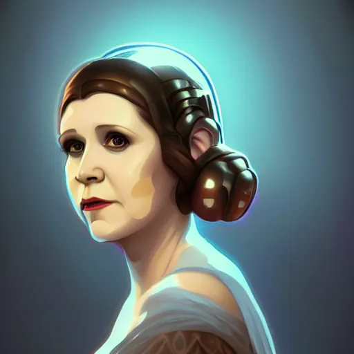 Prompt: Carrie Fisher as Princess Leia, ambient lighting, 4k, alphonse mucha, lois van baarle, ilya kuvshinov, rossdraws, artstation