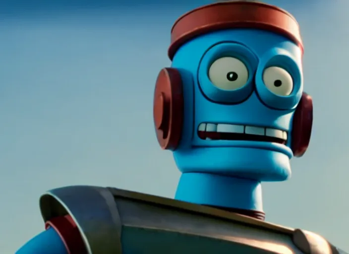 Image similar to film still of bender in the futurama live action movie, 4 k