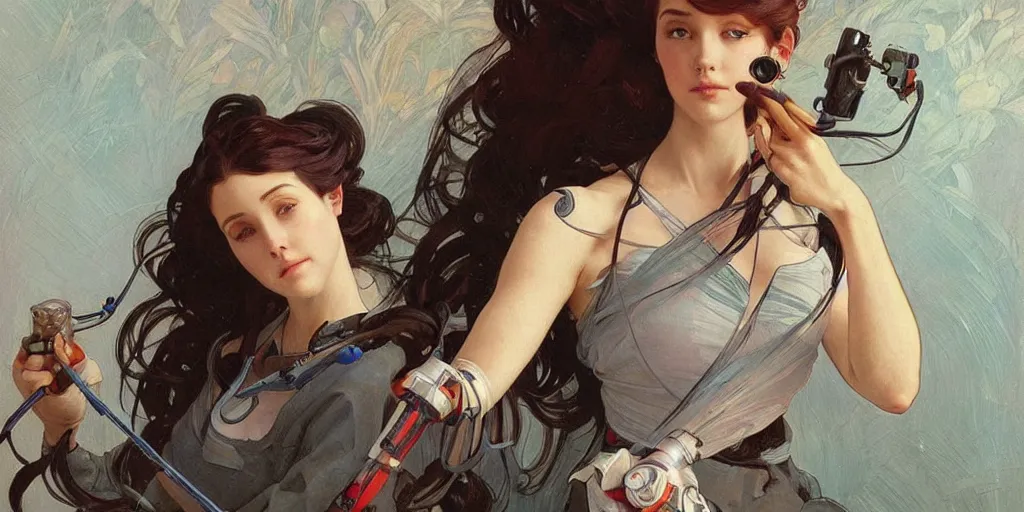 Image similar to female robot holding paintbrush, incredibly detailed face, pretty face, true anatomy, art by artgerm and greg rutkowski and alphonse mucha