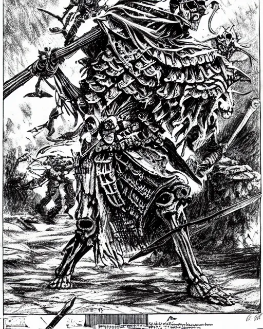 Prompt: pen and ink drawing of a skeleton warrior, fighting fantasy style image, by steve jackson and ian livingstone, highly detailed