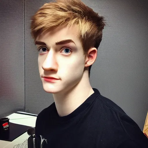 Image similar to “a realistic detailed photo of a guy who is an attractive humanoid who is half robot and half humanoid, who is a male android, twitch streamer Ninja Tyler Blevins, shiny skin, posing like a statue, blank stare, gaming room, close up”