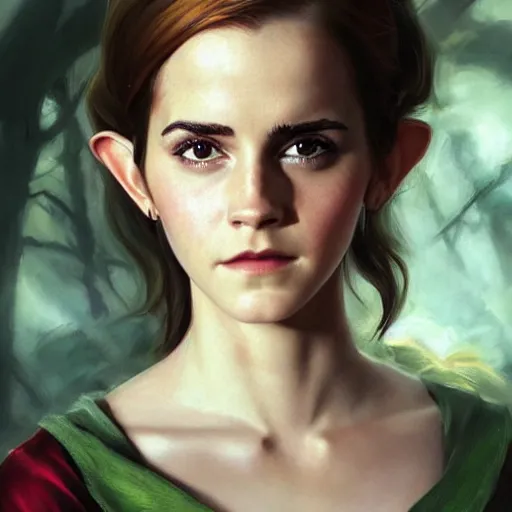 Image similar to a movie still frame, of emma watson as a female elf, oil on linen, beautiful painting, by tooth wu, artgerm, fantasy concept art portrait, by bayard wu,