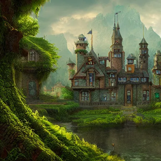 Prompt: a hyperrealistic digital matte painting of a verdant fantasy countryside, very far royal steampunk castle, highly detailed, trending on artstation