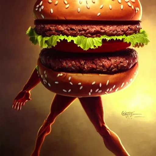 Prompt: a monster with a head like a hamburger, burger with human eyes, burger with human mouth, teeth, very detailed eyes, french fries as arms, character concept art, fantasy, intricate, fantasy drawing, illustration, highly detailed, hyperrealistic, cgsociety, artstation, oil painting by greg rutkowski, by artgerm