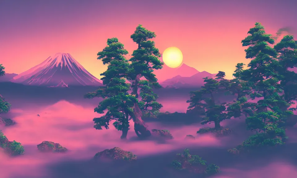 Prompt: japanese mountains and forest in vaporwave colors landscape sunset concept art 4k
