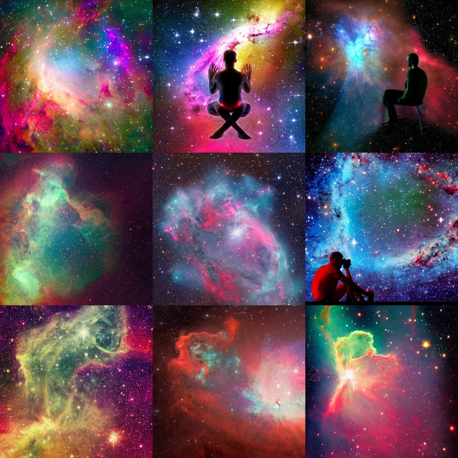 Prompt: nebula in form of a man sitting, astrophotography, colorful