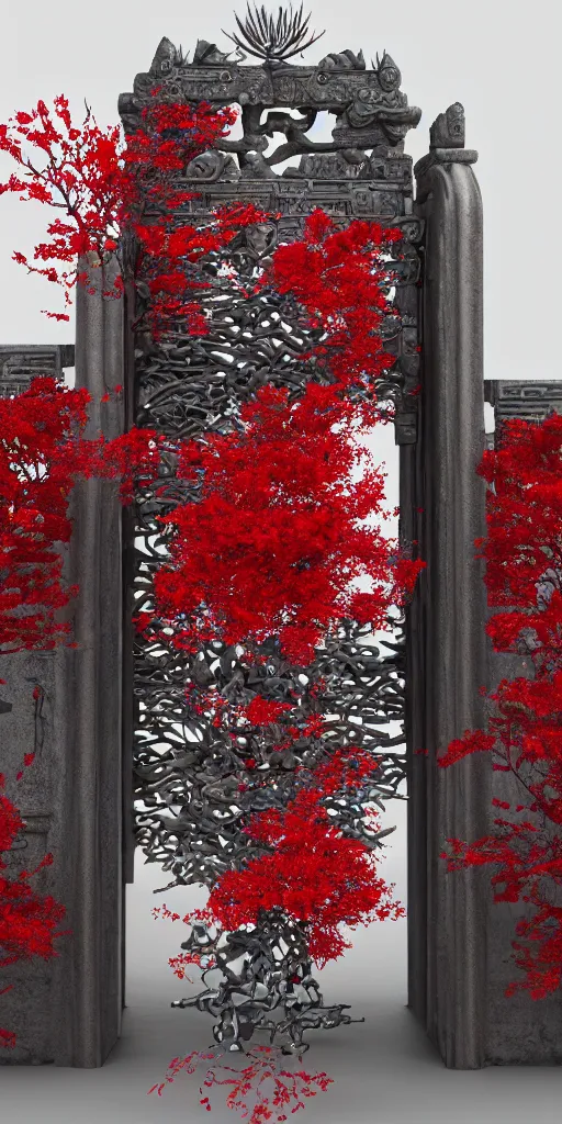 Image similar to 3 d photographic render of an ancient gate sculpture with red sakura flowers made of chrome, chrometype, made of liquid metal, neotribal with metallic thorns and thunders, raytracing, hyper realistic, volumetric lightning, 8 k, by zhelong xu and ouchh studio