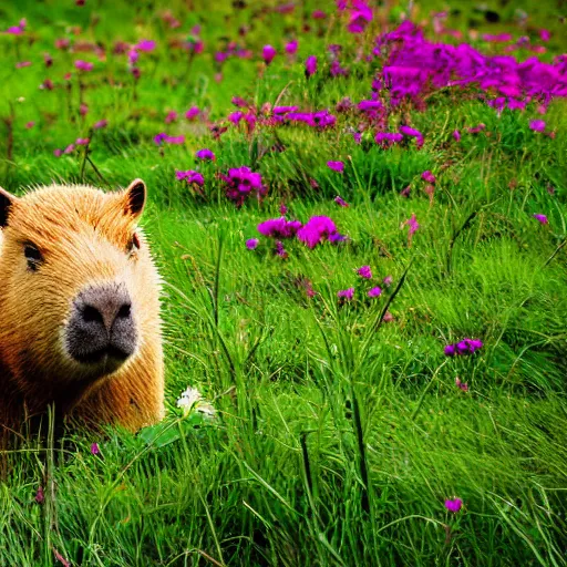Prompt: Capybara sitting in a field of flowers rolling hills in the distance, clear sky, vibrant, colorful, cinematic shot