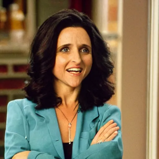 Image similar to Julia Louis-Dreyfus starring as Seinfeld in the tv sitcom Seinfeld promo shots