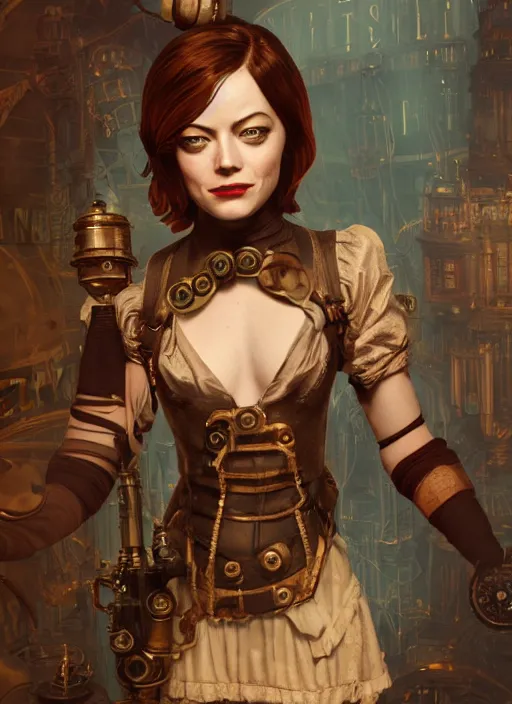 Image similar to Steampunk Bioshock portrait of Emma Stone, au naturel, hyper detailed, digital art, trending in artstation, cinematic lighting, studio quality, smooth render, unreal engine 5 rendered, octane rendered, art style by klimt and nixeu and ian sprigger and wlop and krenz cushart