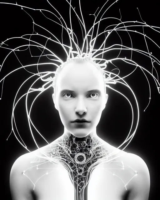 Image similar to black and white spiritual connected young female cyborg - plant goddess high quality photo, microchip, artificial intelligence, bio - mechanical bio - luminescence, black wired cables, neurons, nerve cells, cinematic, rim light, photo - realistic, elegant, high detail, 8 k, masterpiece, high fashion