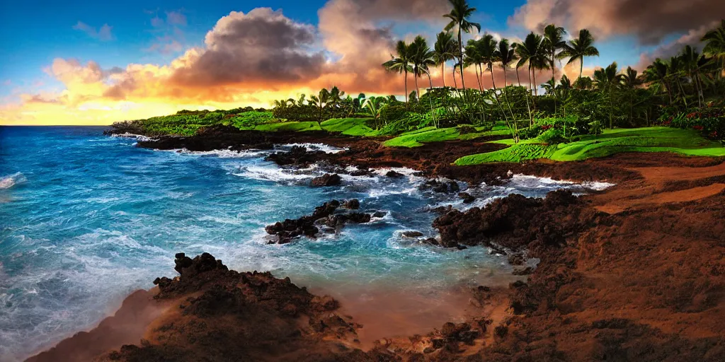 Image similar to Kapalua maui Hawaii, hyperrealistic, realistic, photorealistic, dynamic lighting, highly detailed, cinematic landscape, studio landscape, studio lighting