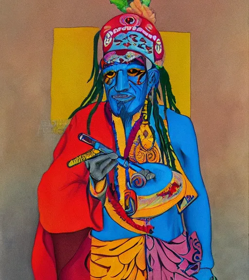 Image similar to Painting in a style of Alex Grey of a shaman dressed in a colorful traditional clothes. He is smoking a pipe