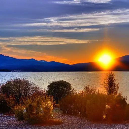 Image similar to sun setting over Italian Lake, snowy mountains in the background,