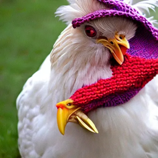 Image similar to A chicken knitting a scarf,