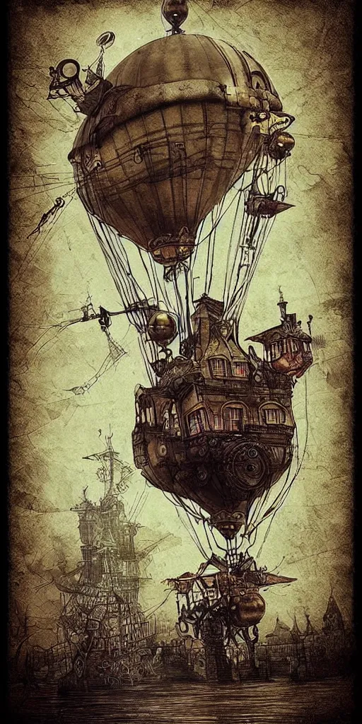 Prompt: a vintage steampunk airship by alexander jansson