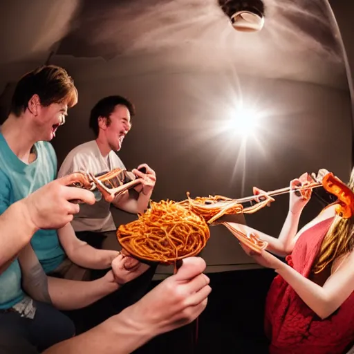 Image similar to laughing drunk people eating spaghetti and playing violins. highly detailed flash photography. fisheye lens