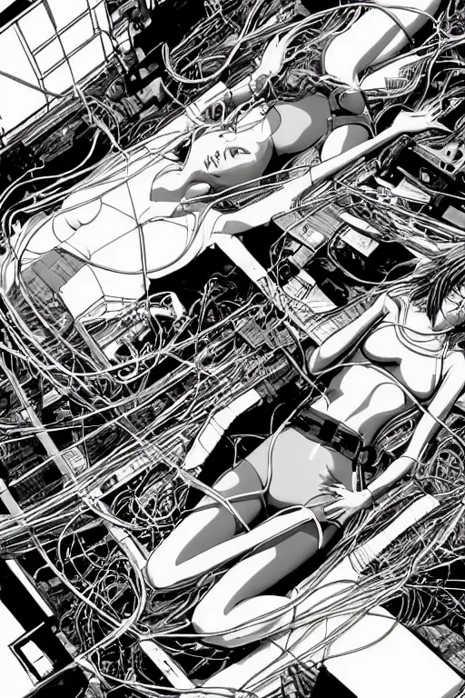 Prompt: a hyper-detailed cyberpunk illustration motoko kusanagi lying body open over an empty floor, with a mess of cables and wires coming out, by masamune shirow and katsuhiro otomo