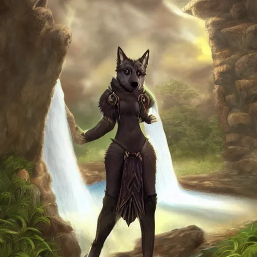 Prompt: fantasy art of a noble werefox, standing in front of a waterfall, photorealistic, Hibbary, Dark Natasha, Goldenwolf, FurAffinity