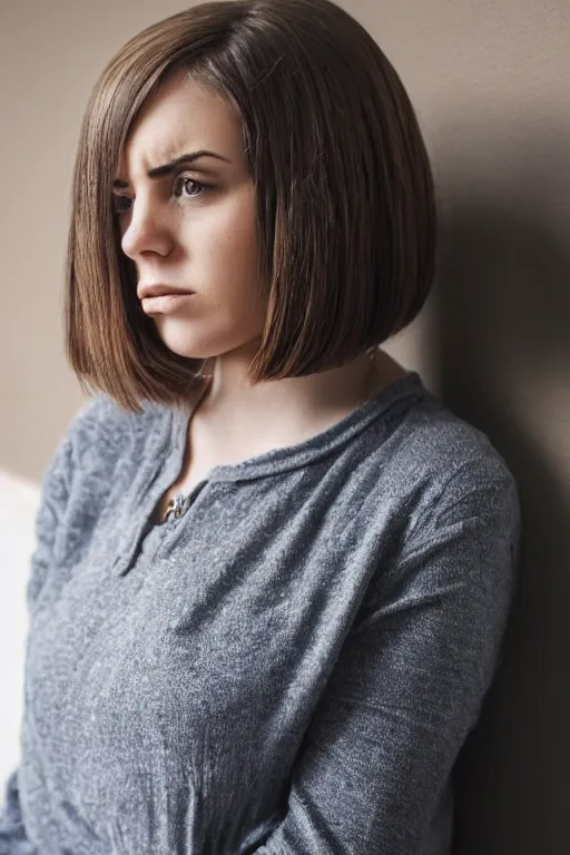 Prompt: photo of depressed teacher, women, 2 5 year old, brunette, bob hairstyle, portrait, realistic, detailed
