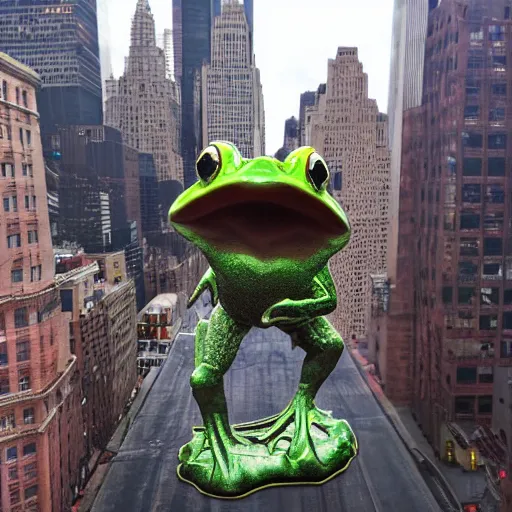 Image similar to giant frog standing over new york city