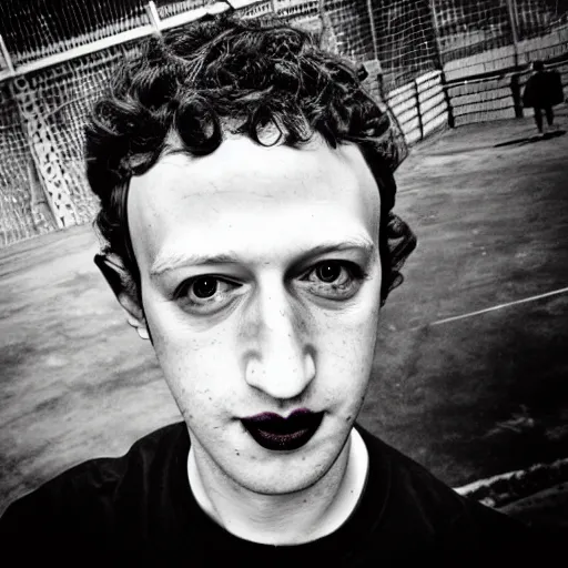 Image similar to goth mark zuckerberg choker necklace punk rock dark lipstick eyeliner at the skatepark
