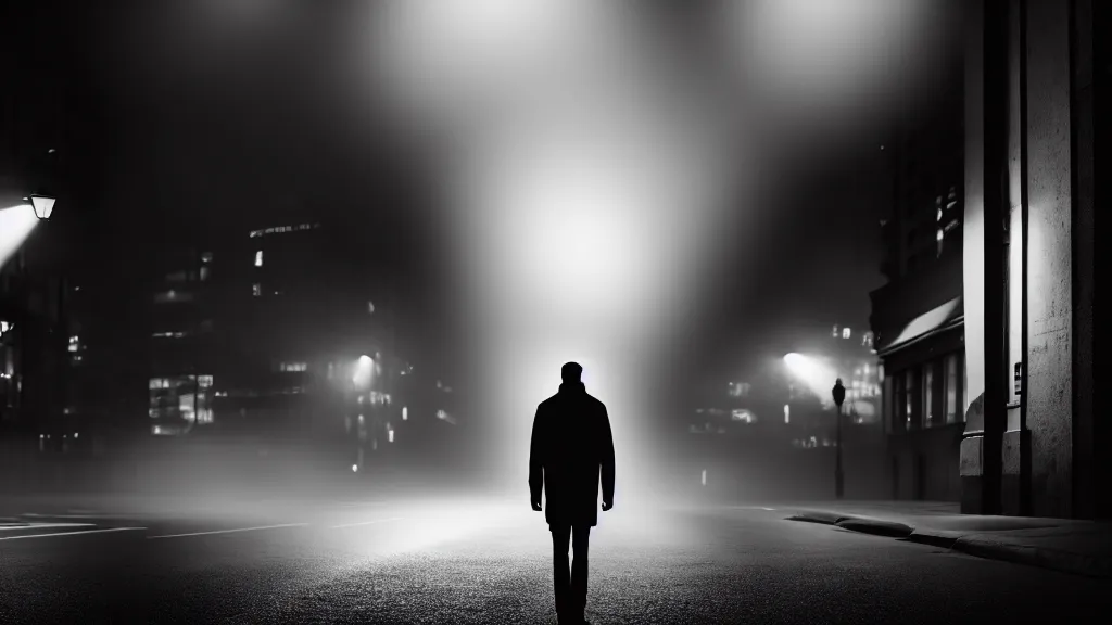 Image similar to a man is standing on the street under the lights, fog, volumetric lighting, mystique, atmospheric, sharp focus, ultra detailed, noir art house, 4 k, cinematic, 3 5 mm