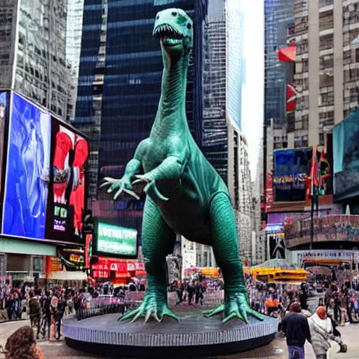 Prompt: a statue of dinosaur placed at time square