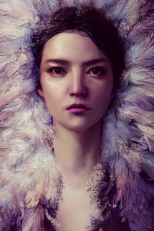 Image similar to A fancy portrait of a women covered in feathers by Greg Rutkowski, beeple, Sung Choi, Mitchell Mohrhauser, Maciej Kuciara, Johnson Ting, Maxim Verehin, Peter Konig, final fantasy, macro lens, 35mm, 8k photorealistic, cinematic lighting, HD, high details, dramatic, dark atmosphere, trending on artstation