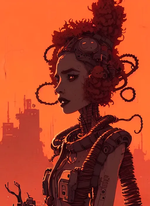 Image similar to highly detailed portrait of wasteland punk long curly fire hair tribal lady, stray wiring by atey ghailan, james gilleard, by joe fenton, by greg rutkowski, by greg tocchini, by kaethe butcher, 4 k resolution, gradient red, orange, black and white color scheme!!! ( ( burning flaming robotic dystopian city background ) )