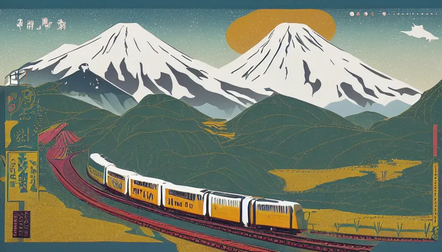Prompt: award winning graphic design poster, cutouts constructing an contemporary art depicting a lone mount fuji and hills, rural splendor, and bullet train, isolated on white, and bountiful crafts, local foods, edgy and eccentric mixed media painting by Leslie David for juxtapose magazine