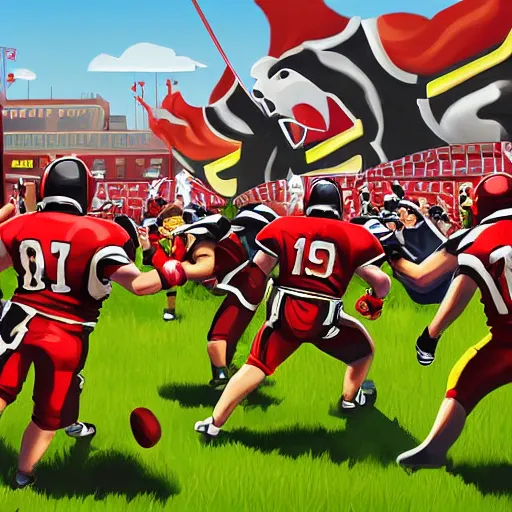 Image similar to high quality digital art of blood bowl teams fighting on a pitch, surrounded by crowds, good weather, referee blowing a whistle