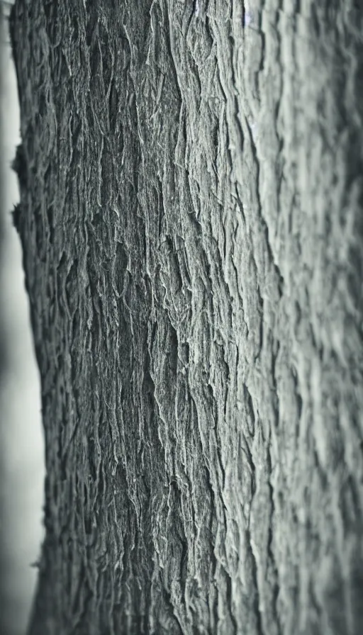 Prompt: rough tree interpolating from opaque bark to perfectly clear silica aerogel, precisely-cut vaseline vellum translucent transition, depth of field, bokeh, luminance through foggy window strata