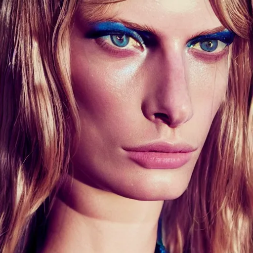 Image similar to A beautiful portrait of Julia Stegner as a model at Versace fashion show Spring/Summer 2014, highly detailed, in the style of cinematic, fashionweek backstage,makeup by Pat Mcgrath, Shot by Benny Horne