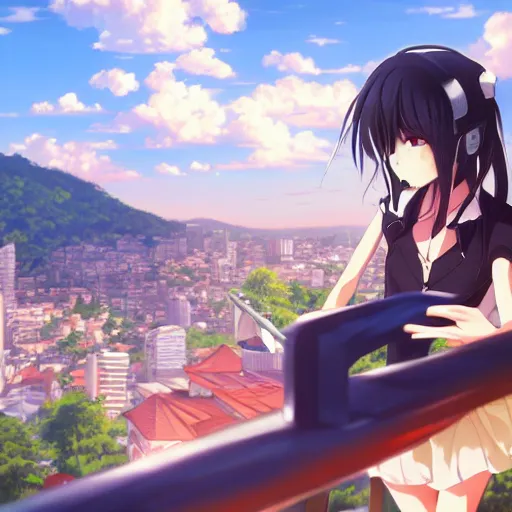 Prompt: Anime girl getting robbed in Medellin, Artwork by Makoto Shinkai, official media, 8k, pixiv, high definition, wallpaper, hd, digital artwork