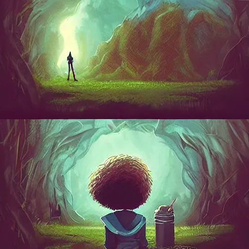 Image similar to comic book art in the style of bob ross and tim burton, trending on artstation, rain, beautiful, matte painting, galaxy, traveling through time, epic adventure, cinematic composition, realistic, portal, door to another dimension, meeting an alien, cute, adorable