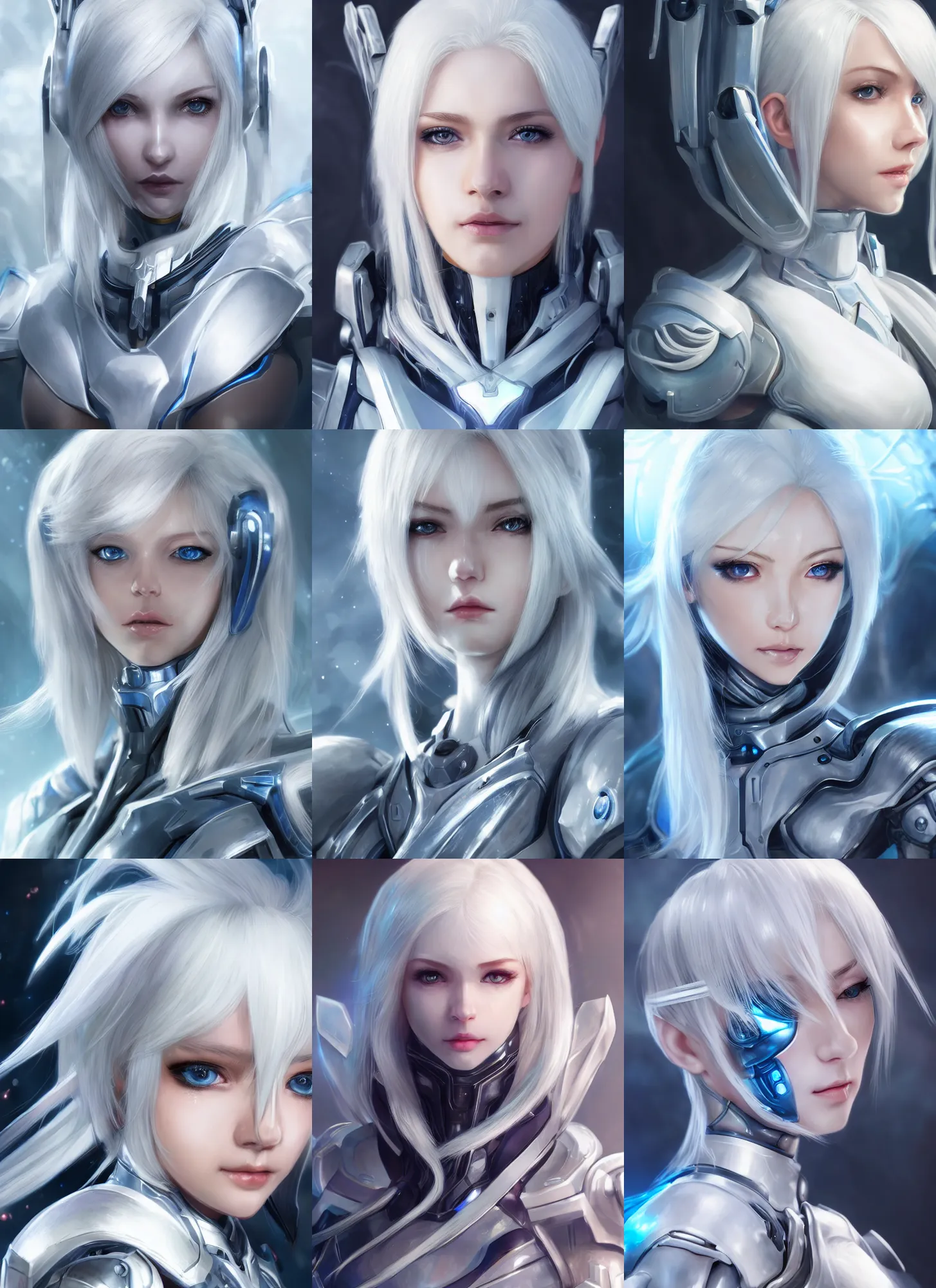 Image similar to detailed portrait of perfect white haired girl, android, warframe armor, beautiful, pretty face, blue cyborg eyes, innocent, scifi, 4 k, sun yunjoo, ultra realistic, aura of light, cinematic lighting, highly detailed, sharp focus, artstation, masterpiece, art by hyungjin yang and akihito tsukushi