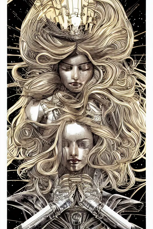 Prompt: gold and silver tones, cybernetic princess, style of moebius, james jean, mcbess, star wars, long glowing ethereal hair, cinematic, highly detailed, award winning, 8 k photorealistic