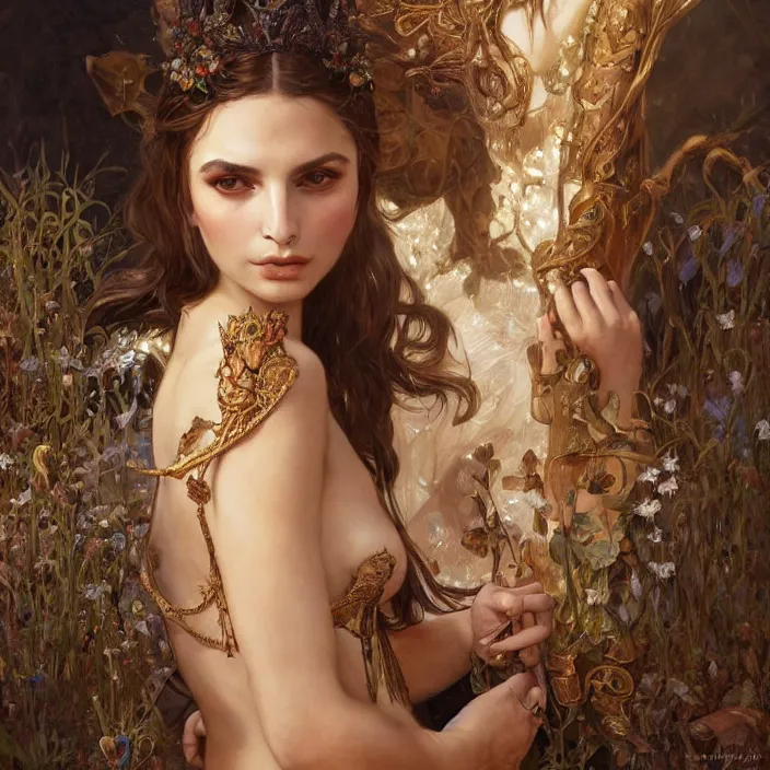 Image similar to ancient queen emily ratajkowski, diffuse lighting, fantasy, intricate, elegant, highly detailed, lifelike, photorealistic, digital painting, artstation, illustration, concept art, smooth, sharp focus, art by john collier and albert aublet and krenz cushart and artem demura and alphonse mucha