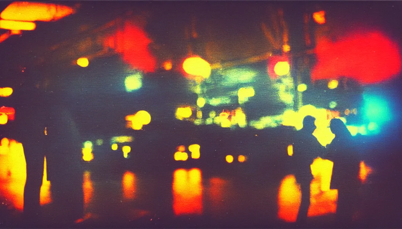 Image similar to colorful instant photograph of a beautiful couple in a city at night, polaroid, light leak, raw, nostalgic