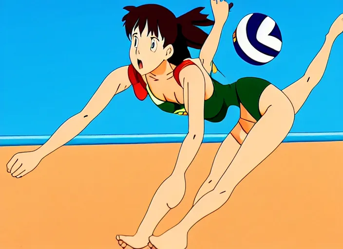 Prompt: an animation still of beautiful bikini volleyball player, in the style of studio ghibli, netflix animation, toei animation, filmation animation, traditional animation, sharp detail, animation cel