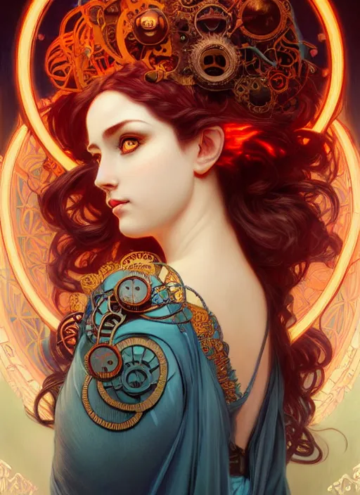 Image similar to the goddess hestia, hair on fire, steampunk, glowing eyes, beautiful eyes, volumetric lights, red and cyan theme, art nouveau botanicals, intricate, highly detailed, digital painting, artstation, concept art, smooth, sharp focus, cinematic, illustration, beautiful face, art by artgerm and greg rutkowski and alphonse mucha