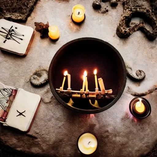 Prompt: ancient demon summoning, magic, shot from drone, witchcraft, night, bright candles, circle