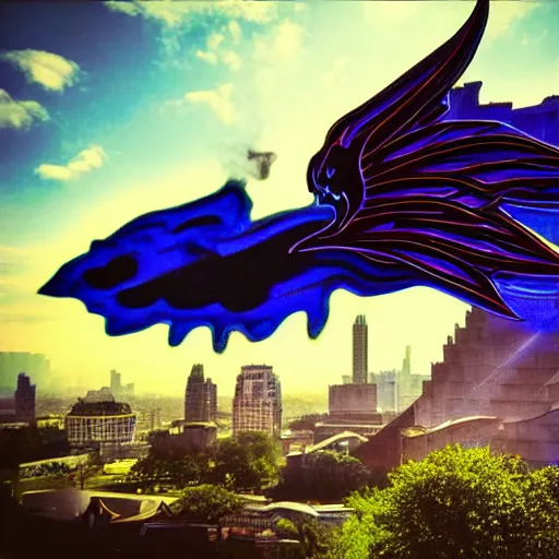 Image similar to dimly lit smoke, muted multi-color lapis, muted neon smoke, smoke with vague feathered outline of fierce flying dragons with large vague outstretched wings, sun shaft, large city park, photographic, stunning, inspiring, super high energy, swift, fast, fleeting