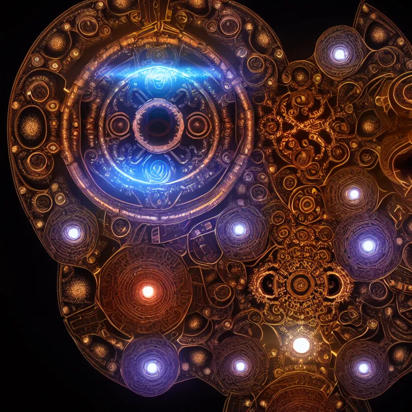 Prompt: a fractal mandala of cyborg components, fine details, digital art, volumetric lighting, cinematic light, photorealistic